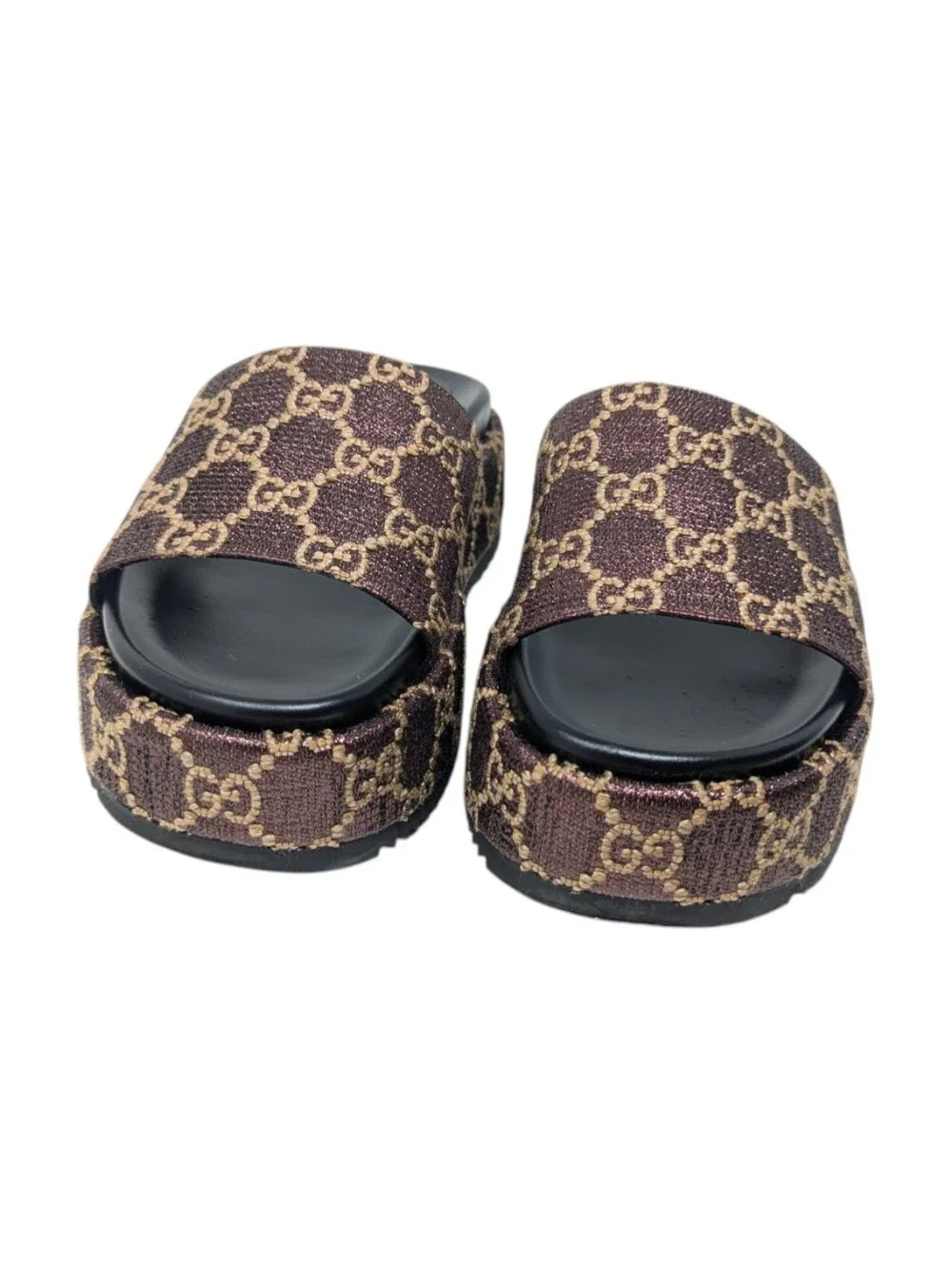 Gucci Brown Monogram Lame Angelina Platform Slide Sandals Size EU 39